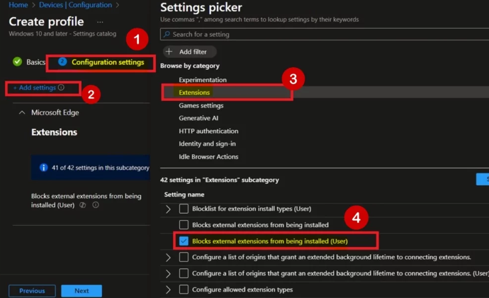 Adding the Block external extensions policy in Edge Extensions